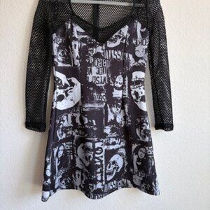 Romwe Skull Newsprint Graphic Mesh Skater Dress Sz Small Punk Goth Grunge Skull